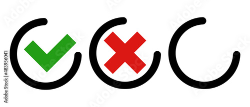 An icon set of a check mark, a cross mark, and a blank mark. Vectors.