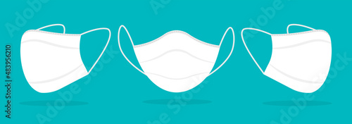 Medical white face mask front and side view. Protects against COVID-19 infection. Vector illustration isolated on blue background. 