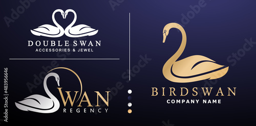 illustration of Swan logotype golden colors design, Double swan vector isolated background applicable for company name, jewelry sign, branding label & logo concept, beauty store, hotel, corporate logo