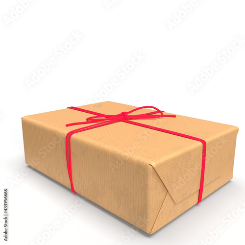 3D Illustration - Ein Paket in braunem Packpapier mit einem roten Band verschnürt.