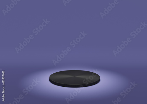 Product Display Stand or Podium in Minimal Composition with Spotlight Lighting The Product. Dark, Violet, Purple,  Moody Background with Black, Metallic Cylinder Platform