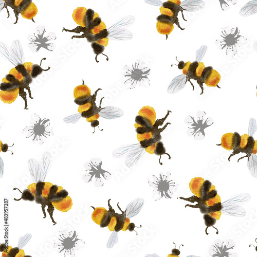 Honey Bees an Grey Flowers Watercolor Seamless Pattern