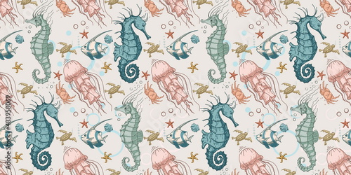 Seamless pattern with seahorse and jellyfish. Pattern with marine inhabitants for background and design. Set of colorful hand drawn clams for design. Set of isolated marine inhabitants .