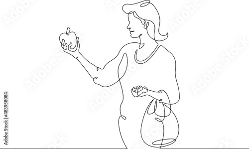 One continuous line.A young woman chooses vegetables and fruits. The female character is shopping for groceries.Buyer with food products.Continuous line drawing.Line Art isolated white background.