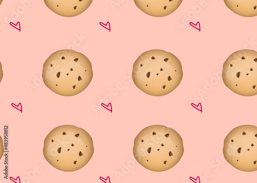 cookie pattern with chocolate chips and hearts on a pink background for postcards, clothes, pastel linen, etc.