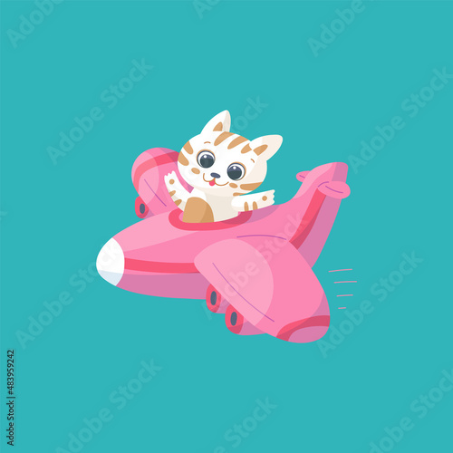 Funny cat pilot operates airplane, flat vector illustration isolated on green background.