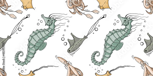 Seamless pattern with seahorse and octopus. Pattern with marine inhabitants for background and design. Set of colorful hand drawn clams for design. Set of isolated marine inhabitants.
