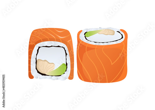 Philadelphia with salmon, cucumber, avocado, cream cheese. Japanese cuisine in the restaurant. Japanese food. Close-up. Isolated on white background. Flat style. Vector illustration.