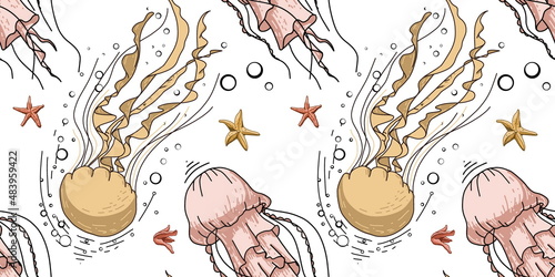 Seamless pattern with jellyfish and starfish. Pattern with marine inhabitants for background and design. Set of colorful hand drawn clams for design. Set of isolated marine inhabitants 