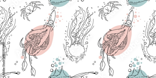 Seamless pattern with jellyfish and octopus. Pattern with marine inhabitants for background and design. Set of colorful hand drawn clams for design. Set of isolated marine inhabitants 