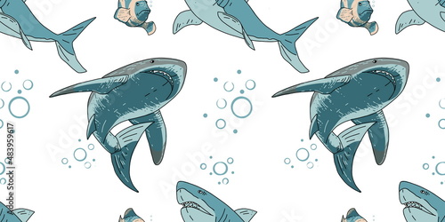 Seamless pattern with shark and small fish. Pattern with marine life for background and design. Set of colorful hand drawings for design. Set of isolated marine inhabitants on a white background.