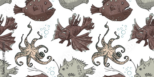 Seamless pattern with scary devil fish and octopus. Template with sea life for background and design. Set of isolated marine inhabitants on a white background.