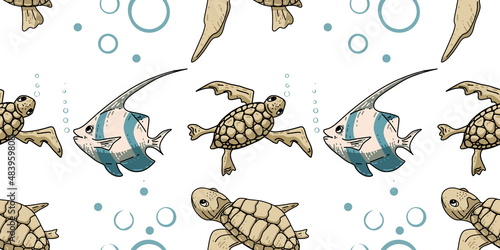 Seamless pattern with sea turtle and small fish. Template with sea life for background and design. Set of colorful hand drawings for design. Set of isolated marine inhabitants on a white background.