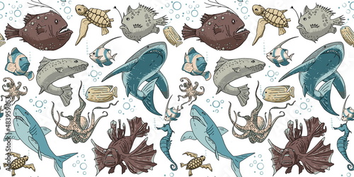 Colored fish pattern. Sea life Seamless for background and design. Pattern of colorful hand drawn fish for design. Set of isolated marine inhabitants on a white background.
