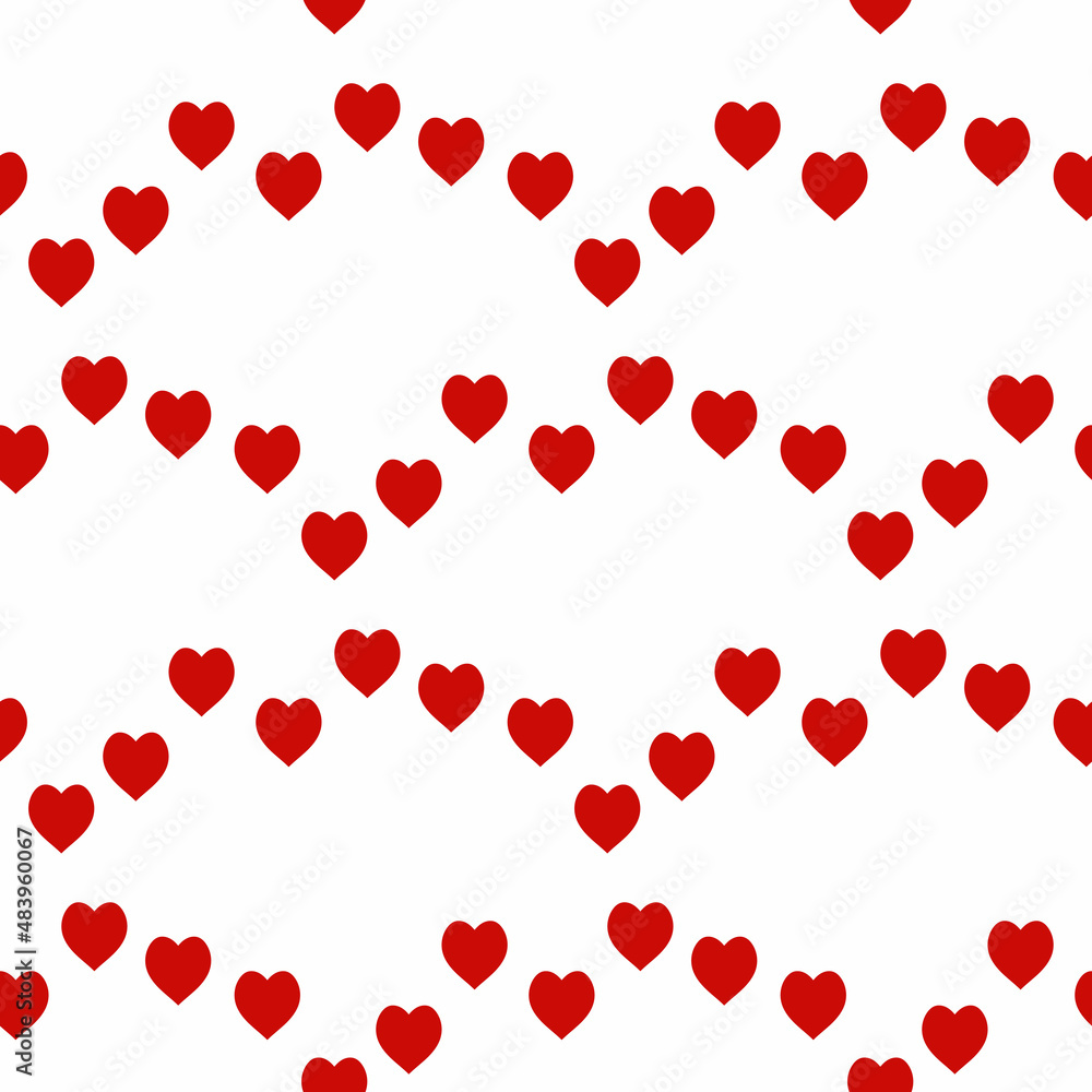 Seamless pattern with cute red hearts on white background. Vector image.