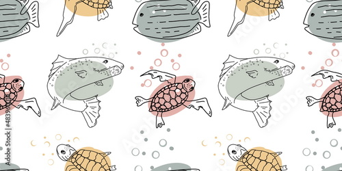 Seamless pattern with sea turtle and fish. Pattern with marine life for background and design. Set of colorful hand drawings for design. Set of isolated marine inhabitants on a white background.