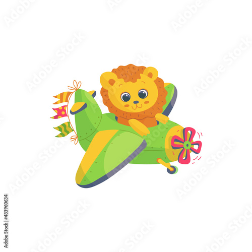 Cute lion travel on plane, cartoon pilot animal is flying on airplane at sky.