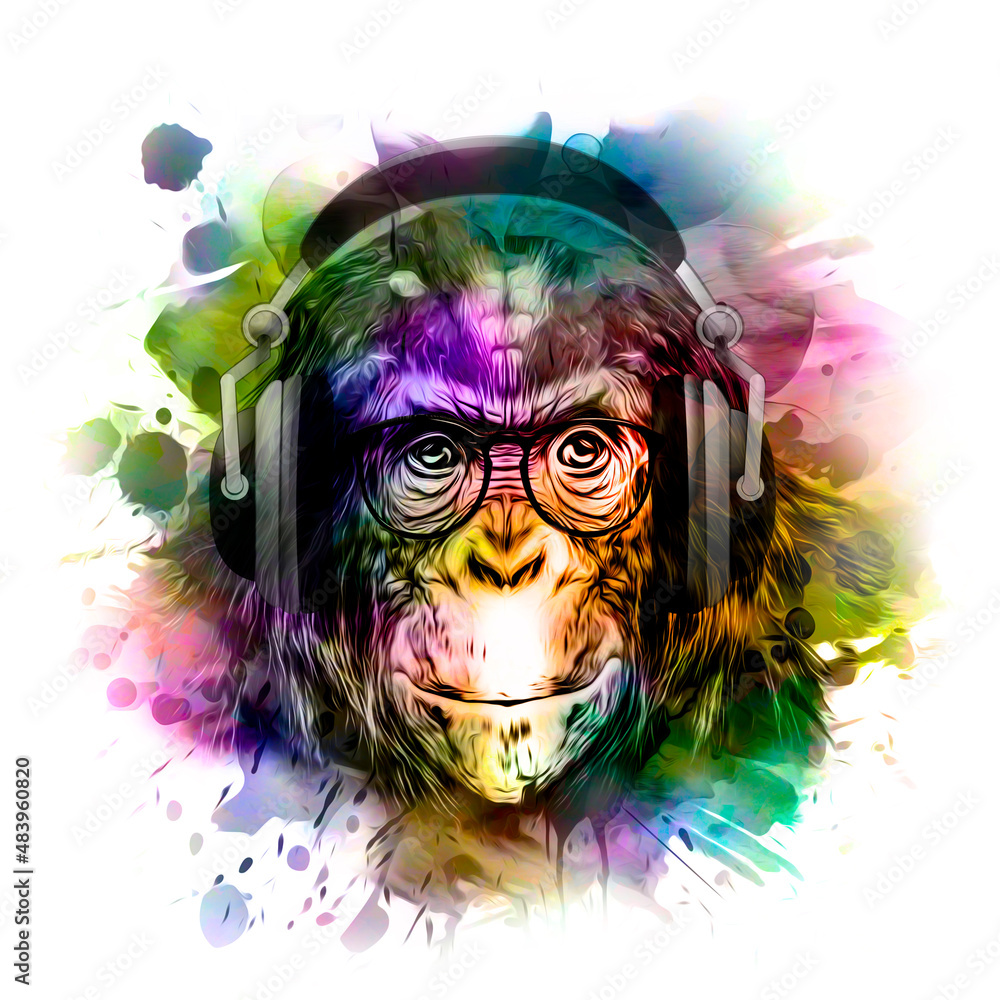 monkey dj head in headphone and eyeglasses with creative abstract elements on white background