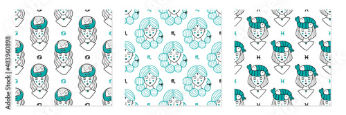 Set, collection of three vector seamless pattern backgrounds with water zodiac signs. Cancer, Scorpio, Pisces conceptual girls, female characters.
