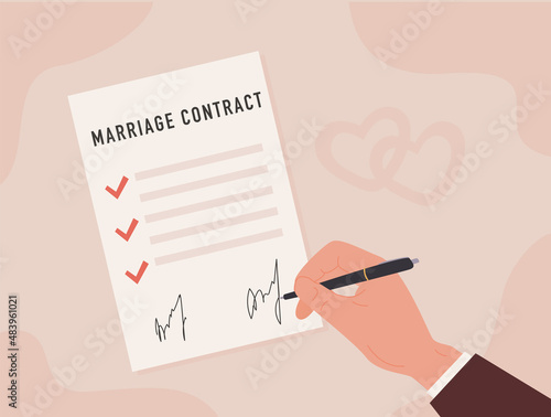 A person hand with pen signing marriage contract flat style illustration. Prenup signed certificate. Marital agreement form with check marks and signatures. Divorce document. Vector illustration.
