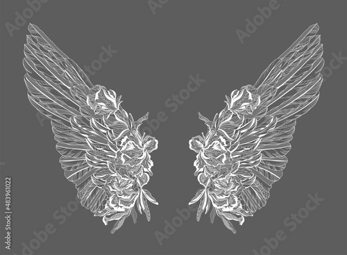 Wing of a bird, an angel. Lace and flowers.