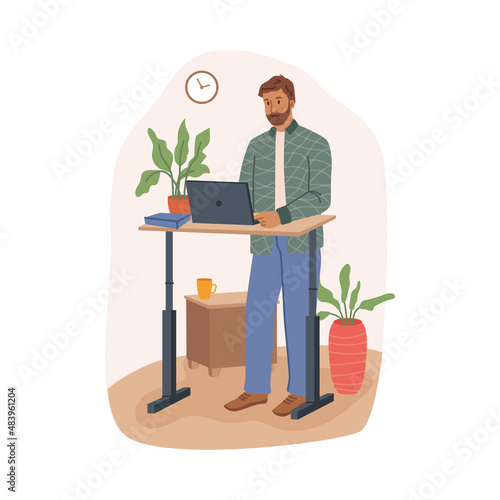 Office or home workplace, comfortable furniture for working at computer or laptop. Vector adjustable desk allowing to stand and type in info. Ergonomics improving health. Flat cartoon style character photo