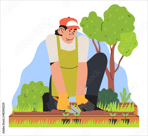 Woman enjoy arranging garden and planting. Spring season vegetables, herbs, flower or greenary planting. Character put plant seedlings into the ground. Farmer gardening or agriculture hobby.