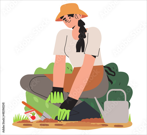 Woman enjoy arranging garden and planting. Spring season vegetables, herbs, flower or greenary planting. Character put plant seedlings into the ground. Farmer gardening or agriculture hobby.