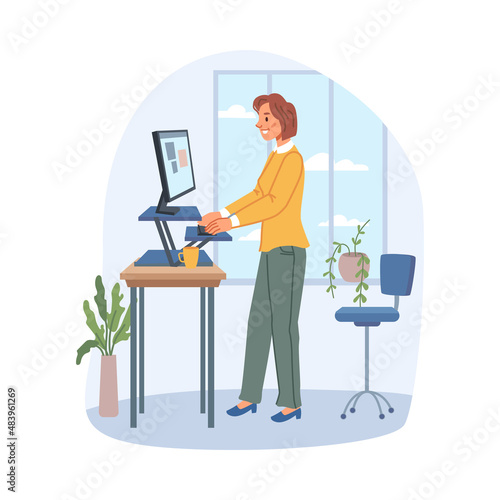 Ergonomics and comfortable space at home or office, quality furniture for employees. Vector adjustable desk and chair. Woman standing and typing, relief for spine and back. Flat cartoon character photo