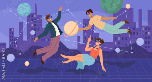 Futuristic city from future, metaverse concept with town and skyscrapers and citizens. Vector people with planets and celestial bodies floating in space wearing vr glasses. Flat cartoon character