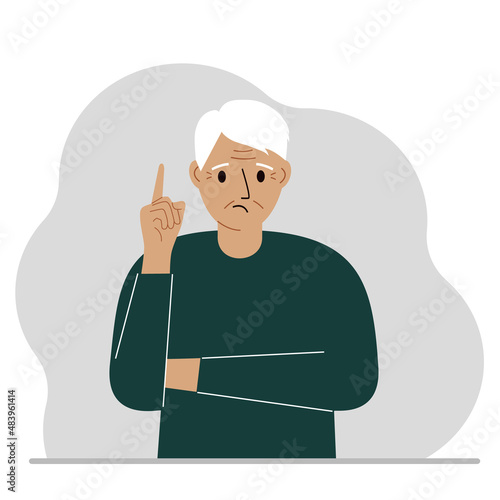 Sad grandfather holding his index finger up. Vector