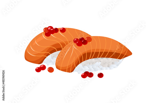 Sushi sashimi with salmon and red caviar. Japanese cuisine in the restaurant. Japanese food. Isolated on white background. Flat style. Japanese food. Vector illustration.