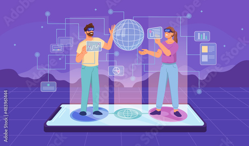People in vr glasses part of metaverse universe. Vector man and woman using smartphones and futuristic devices for communication and interaction with future world. Flat cartoon style character