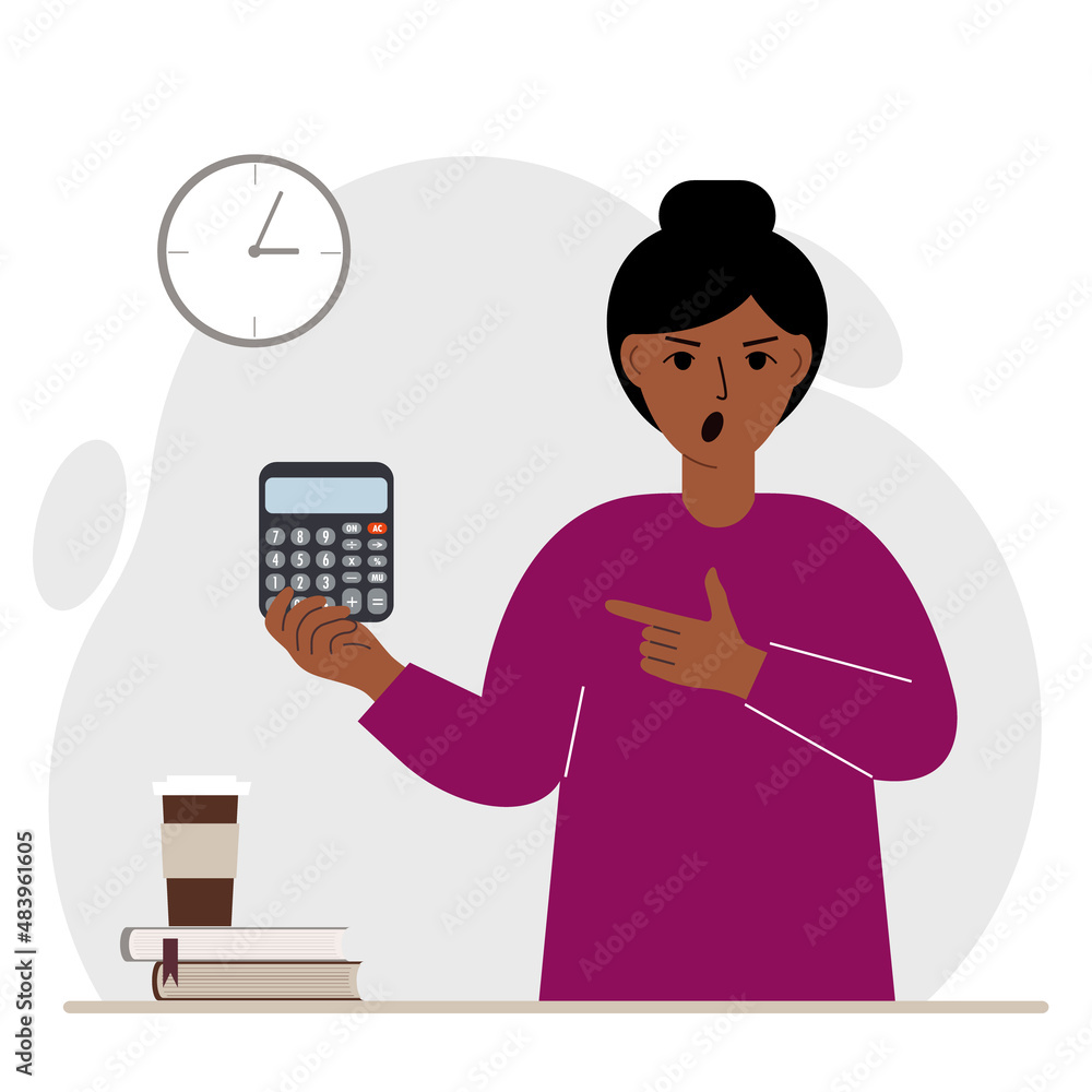 Angry screaming woman holds a digital calculator in his hand and points to the calculator with the other hand. Angry screaming woman holds a digital calculator in his hand and points to the calculator with the other hand.