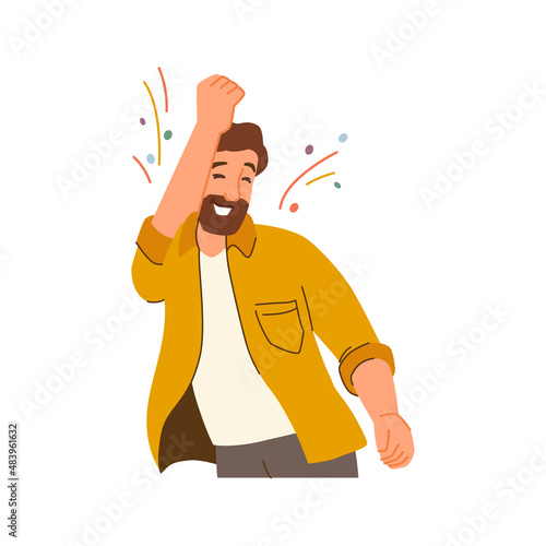 Man celebrating personal victory or success at home. Vector male character with beard expressing joy and happiness with smile on face and raised hand up. Satisfaction and overjoyed. Flat cartoon