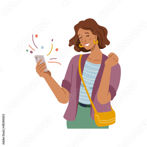 Girl reading positive news on smartphone. Vector isolated woman with cell phone celebrating victory and happy moment. Notification and surprise, winner and work opportunities. Flat cartoon character