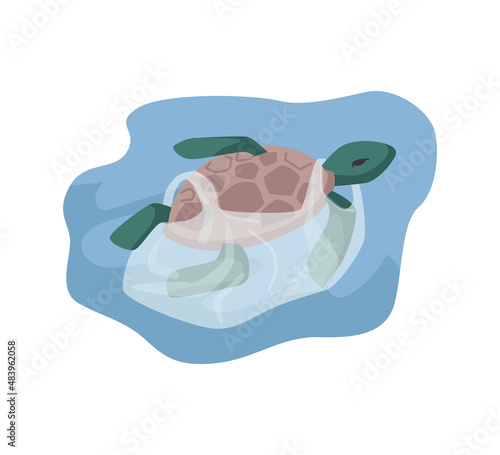 Underwater animals and marine creatures harm made by rubbish and garbage in water. Vector tortoise stuck in plastic bag, dangerous waste for sea dwellers making unable to swim and live, flat cartoon