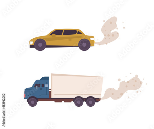 Exhaust gases and emissions pollution and contamination or air. Vector cars and traffic produce harmful chemical toxins people breath. Environmental harm and global warming problems, flat cartoon