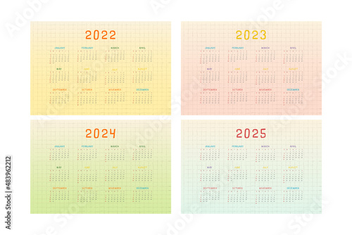 2022 2023 2024 2025 calendar with multicolor cute childish design.