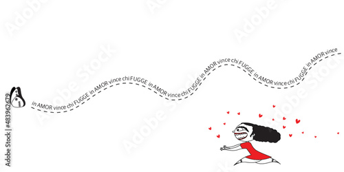 Illustrazione vettoriale personaggio ragazza donna innamorata assatanata ossessiva indiavolata cuori amore san Valentino correre rincorrere fuggire farfalla scia in amor vince chi fugge vestito rosso 