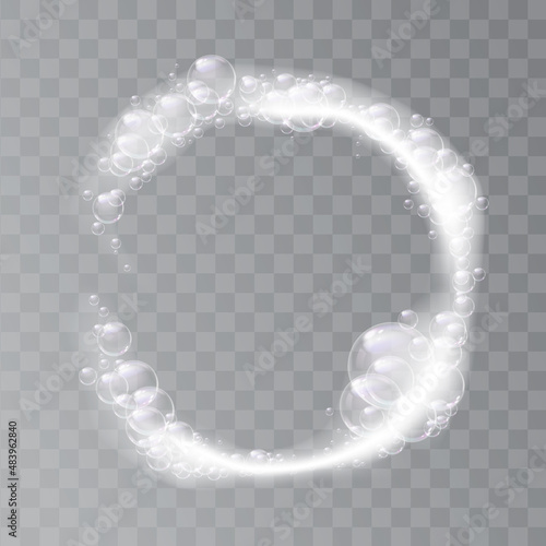 Bubbly and foamy liquid with soap, soapy water for washing and cleaning. Vector cosmetic products or detergent for hygiene and cleanliness, shampoo or gel. Bubbles forming circle, transparent