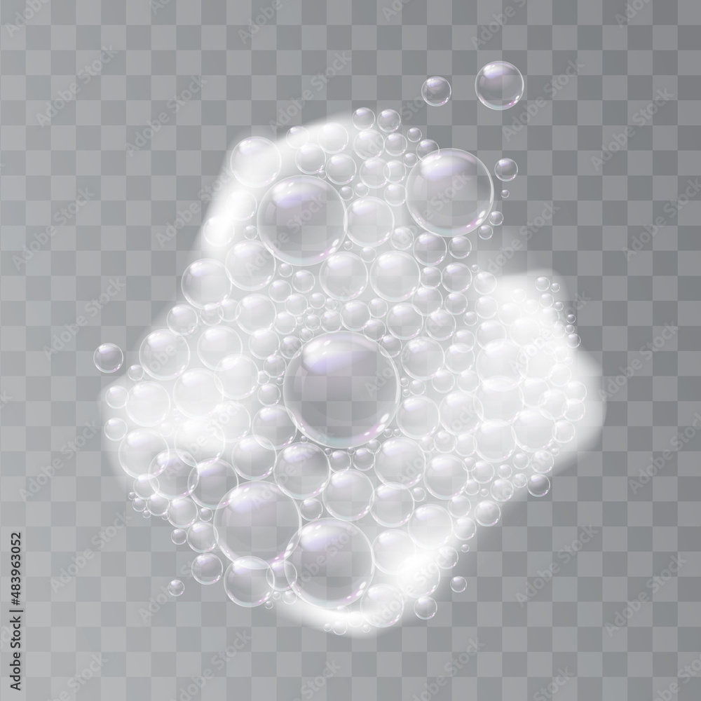 Soapy water with bubbles, lather liquid washing and cleaning, hygiene and cleanliness. Vector splashes and soap detergent, bubbly foamy water. Suds isolated on transparent background, realistic foam - obrazy, fototapety, plakaty 