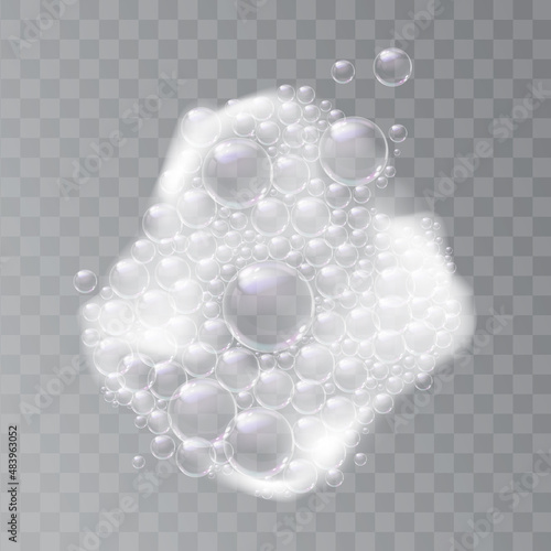 Soapy water with bubbles, lather liquid washing and cleaning, hygiene and cleanliness. Vector splashes and soap detergent, bubbly foamy water. Suds isolated on transparent background, realistic foam