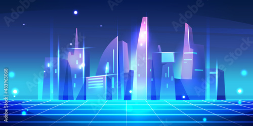 Digital city of future in metaverse concept, futuristic constructions and skyscrapers with towers. Vector high and low raises, panoramic views, downtown. Virtual augmented reality, contemporary town