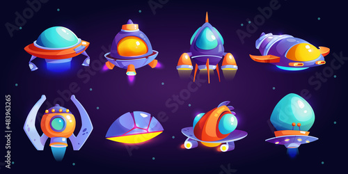 Aliens and extraterrestrial dwellers transport, cartoon spaceships set. Vector flying saucers of UFO, spacecrafts and rockets. Discovery in outer space and universe galaxy. Paranormal attack invasion