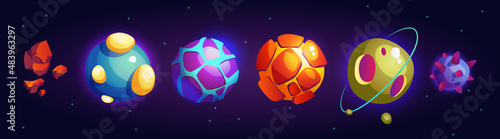 Fantasy celestial bodies, fictional planets from outer space and distant galaxies universes set. Vector world and globes with cracked surface, spikes and magma or lava fire and flame illustration