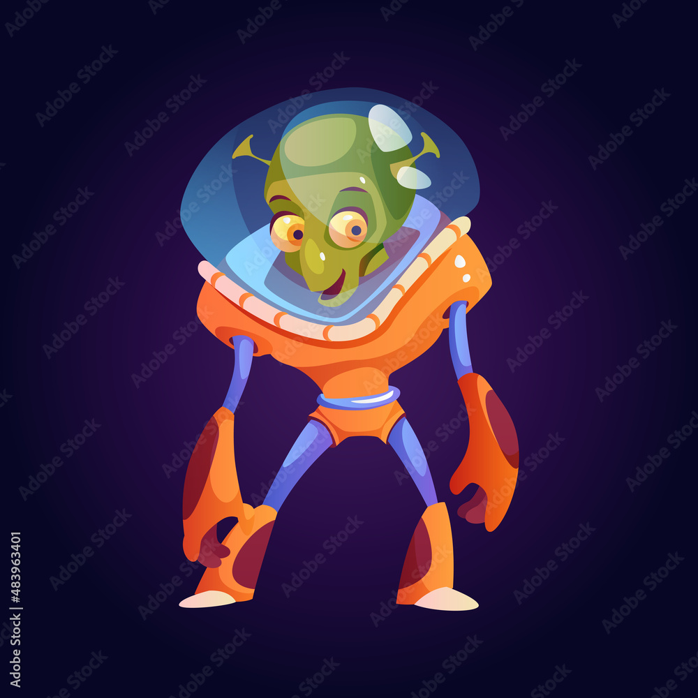 Outer space character wearing special suit and helmet. Vector extraterrestrial dweller astronaut from other galaxies. Cosmos discovery and personages from futuristic games, cartoon martian personage Outer space character wearing special suit and helmet. Vector extraterrestrial dweller astronaut from other galaxies. Cosmos discovery and personages from futuristic games, cartoon martian personage