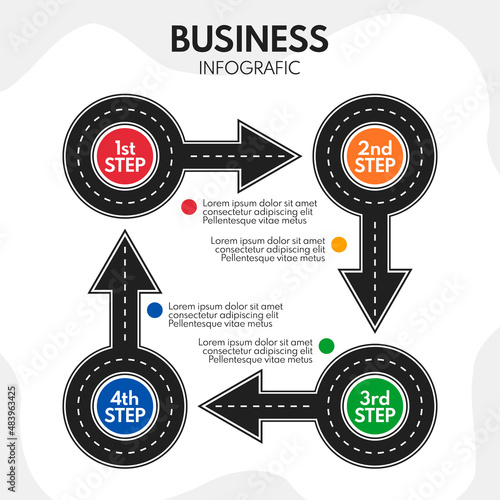 4 steps process progress or timeline, road infografic vector template