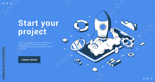 Start your project isometric internet banner landing page with place for text vector illustration. Online advertising developing successful startup business strategy with launching rocket smartphone