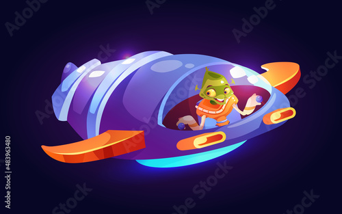 Outer space exploration and discoveries, extraterrestrial character flying on saucer. Vector alien monster from other planet ready to invade. Creature on vehicle wearing special suit, game personage